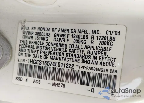 2004 Honda Civic Lx из США, поврежденный, VIN 1HGES16574L011222